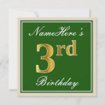 [ Thumbnail: Elegant, Green, Faux Gold 3rd Birthday + Name Invitation ]