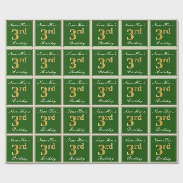 Elegant, Green, Faux Gold 3rd Birthday + Name Wrapping Paper (Flat)