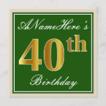 [ Thumbnail: Elegant, Green, Faux Gold 40th Birthday + Name Invitation ]