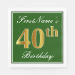 [ Thumbnail: Elegant Green, Faux Gold 40th Birthday + Name Napkins ]