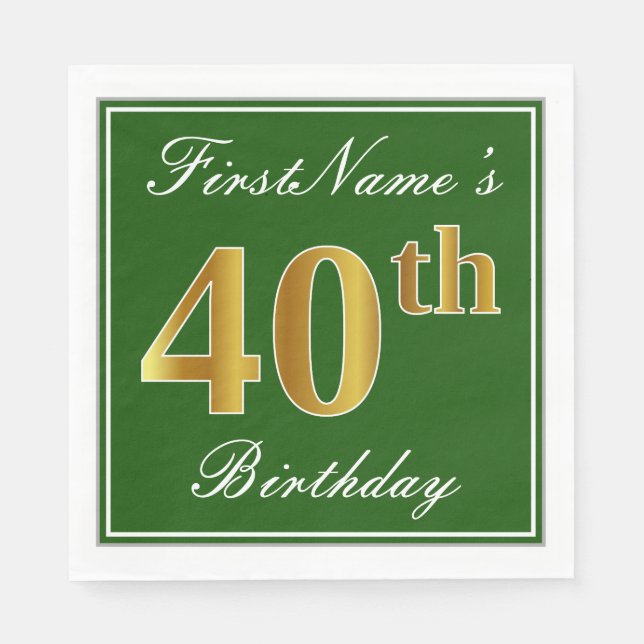 Elegant Green, Faux Gold 40th Birthday + Name Paper Napkins (Front)