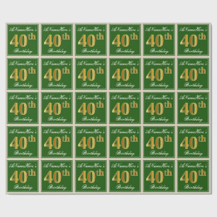 Elegant, Green, Faux Gold 40th Birthday + Name Wrapping Paper