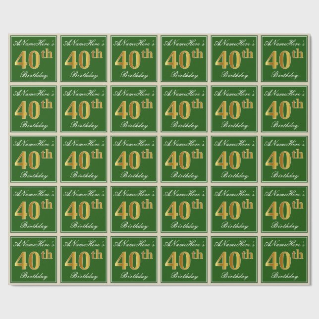 Elegant, Green, Faux Gold 40th Birthday + Name Wrapping Paper (Flat)