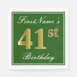 [ Thumbnail: Elegant Green, Faux Gold 41st Birthday + Name Napkins ]