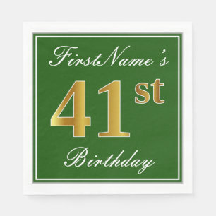 Elegant Green, Faux Gold 41st Birthday + Name Napkins