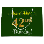 [ Thumbnail: Elegant, Green, Faux Gold 42nd Birthday + Name Gift Bag ]
