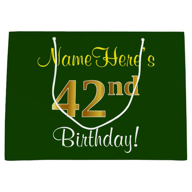 Elegant, Green, Faux Gold 42nd Birthday + Name Large Gift Bag (Front)