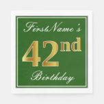 [ Thumbnail: Elegant Green, Faux Gold 42nd Birthday + Name Napkins ]