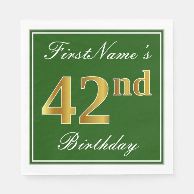 Elegant Green, Faux Gold 42nd Birthday + Name Napkins (Front)