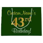[ Thumbnail: Elegant, Green, Faux Gold 43rd Birthday + Name Gift Bag ]