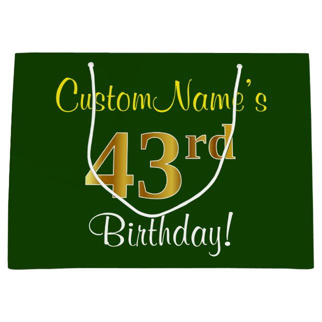 Elegant, Green, Faux Gold 43rd Birthday + Name Large Gift Bag (Front)