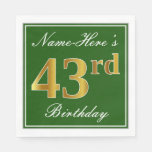 [ Thumbnail: Elegant Green, Faux Gold 43rd Birthday + Name Napkins ]