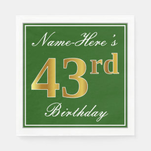 Elegant Green, Faux Gold 43rd Birthday + Name Napkins