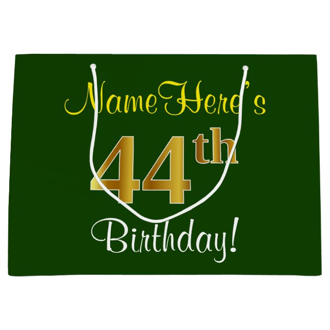 Elegant, Green, Faux Gold 44th Birthday + Name Large Gift Bag (Front)