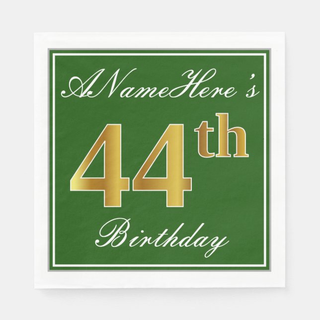 Elegant Green, Faux Gold 44th Birthday + Name Napkins (Front)