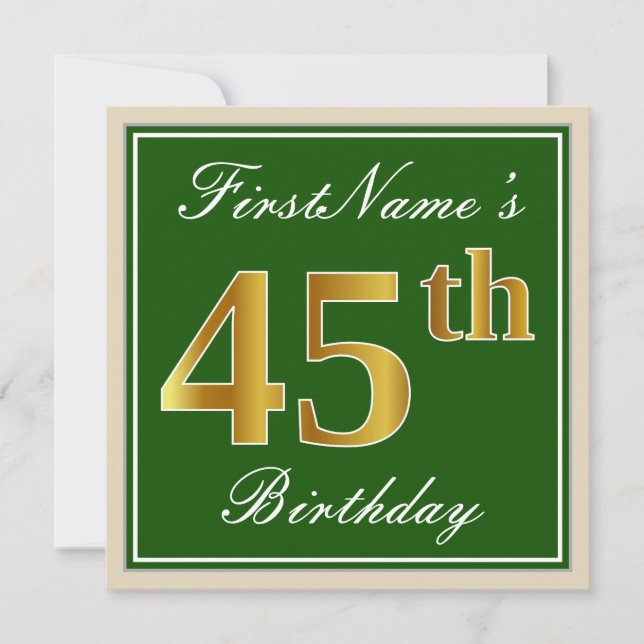 Elegant, Green, Faux Gold 45th Birthday + Name Invitation (Front)