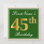 [ Thumbnail: Elegant, Green, Faux Gold 45th Birthday + Name Invitation ]
