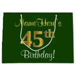 [ Thumbnail: Elegant, Green, Faux Gold 45th Birthday + Name Gift Bag ]