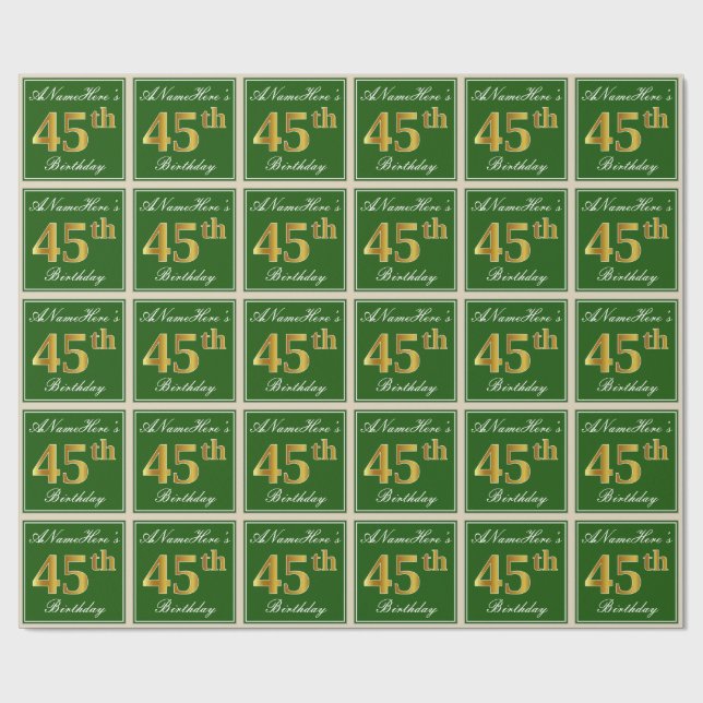 Elegant, Green, Faux Gold 45th Birthday + Name Wrapping Paper (Flat)