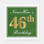 [ Thumbnail: Elegant Green, Faux Gold 46th Birthday + Name Napkins ]