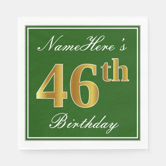 Elegant Green, Faux Gold 46th Birthday + Name Napkins (Front)