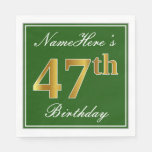 [ Thumbnail: Elegant Green, Faux Gold 47th Birthday + Name Napkins ]