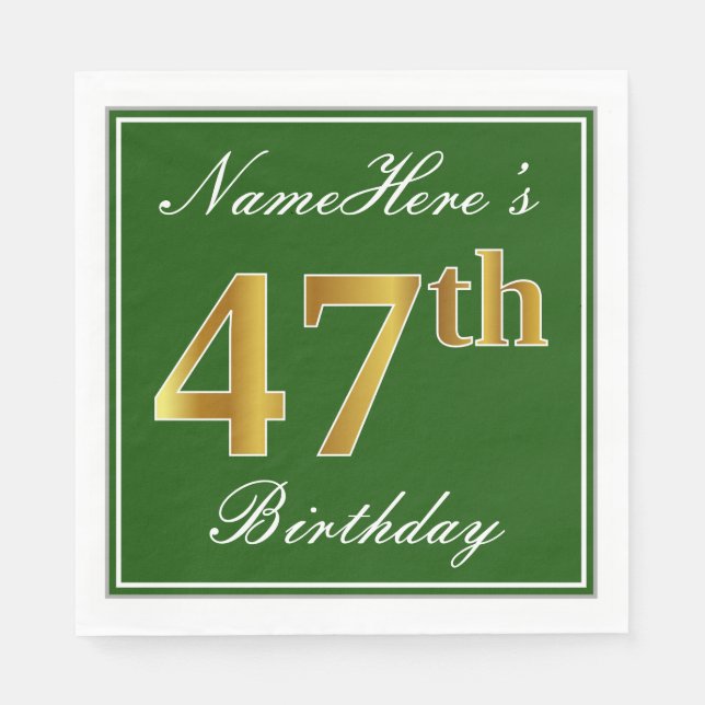 Elegant Green, Faux Gold 47th Birthday + Name Napkins (Front)