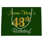 [ Thumbnail: Elegant, Green, Faux Gold 48th Birthday + Name Gift Bag ]