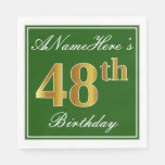 [ Thumbnail: Elegant Green, Faux Gold 48th Birthday + Name Napkins ]