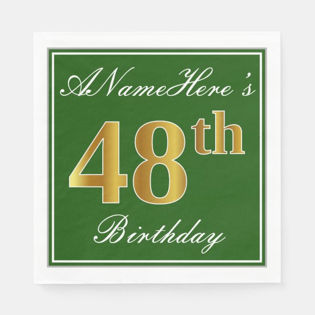 Elegant Green, Faux Gold 48th Birthday + Name Napkins (Front)