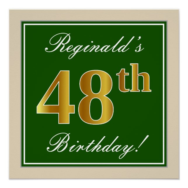 Elegant, Green, Faux Gold 48th Birthday + Name Poster (Front)