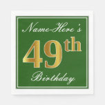 [ Thumbnail: Elegant Green, Faux Gold 49th Birthday + Name Napkins ]