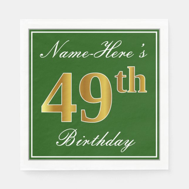 Elegant Green, Faux Gold 49th Birthday + Name Napkins (Front)
