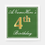 [ Thumbnail: Elegant Green, Faux Gold 4th Birthday; Custom Name Paper Napkin ]
