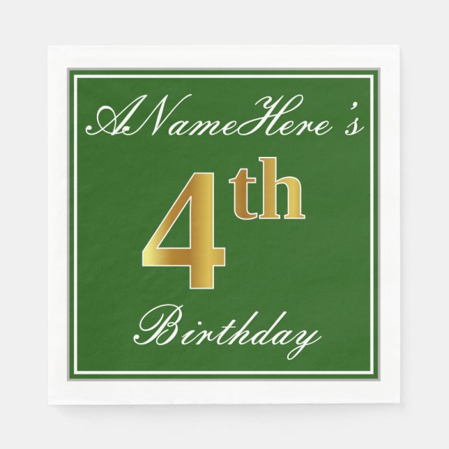 Elegant Green, Faux Gold 4th Birthday; Custom Name Paper Napkins (Front)