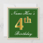 [ Thumbnail: Elegant, Green, Faux Gold 4th Birthday + Name Invitation ]