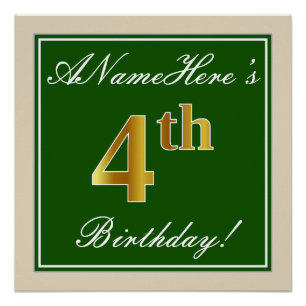 Elegant, Green, Faux Gold 4th Birthday + Name Poster