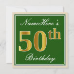 [ Thumbnail: Elegant, Green, Faux Gold 50th Birthday + Name Invitation ]