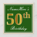 [ Thumbnail: Elegant, Green, Faux Gold 50th Birthday + Name Invitation ]
