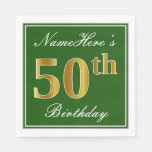 [ Thumbnail: Elegant Green, Faux Gold 50th Birthday + Name Napkins ]