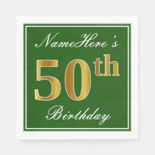 Elegant Green, Faux Gold 50th Birthday + Name Paper Napkins