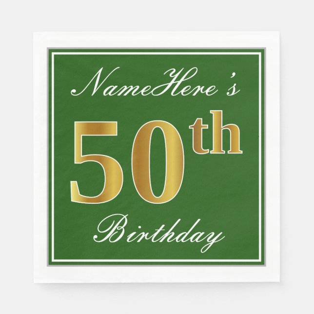Elegant Green, Faux Gold 50th Birthday + Name Paper Napkins (Front)