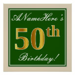 [ Thumbnail: Elegant, Green, Faux Gold 50th Birthday + Name Poster ]