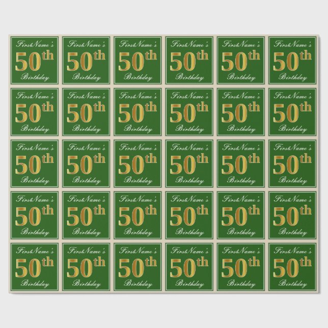 Elegant, Green, Faux Gold 50th Birthday + Name Wrapping Paper (Flat)