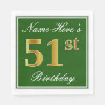 [ Thumbnail: Elegant Green, Faux Gold 51st Birthday + Name Napkin ]