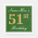 [ Thumbnail: Elegant Green, Faux Gold 51st Birthday + Name Napkins ]