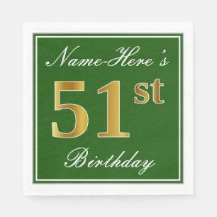 Elegant Green, Faux Gold 51st Birthday + Name Napkins