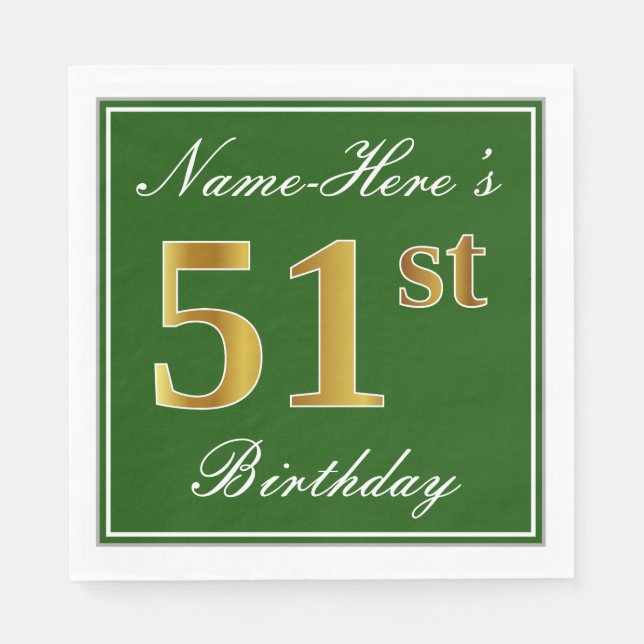 Elegant Green, Faux Gold 51st Birthday + Name Napkins (Front)