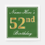 [ Thumbnail: Elegant Green, Faux Gold 52nd Birthday + Name Napkins ]