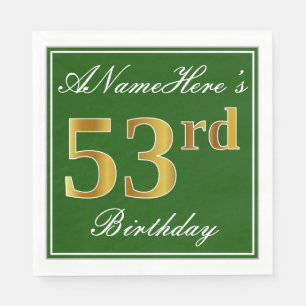 Elegant Green, Faux Gold 53rd Birthday + Name Napkins